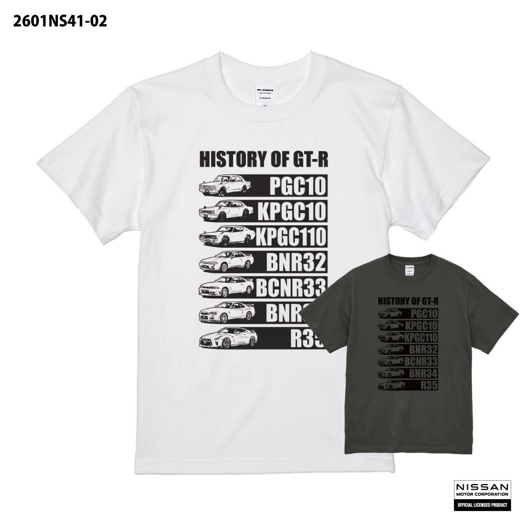 GT-Rの歴史を一枚に。PGC10からR35まで歴代モデルを描いた「NISSAN HISTORY OF GT-R Tシャツ」が登場！楽天市場で予約販売開始。