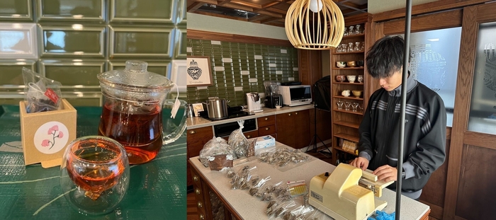 日本茶詰め合わせギフトボックス「日本茶巡り」の和紅茶(左)、宇治園心斎橋本店にて作業する経営学部生(右)
