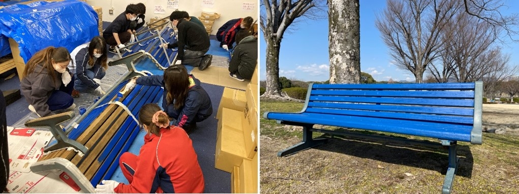 塗装作業の様子(左)、設置された「青いベンチ」(右)