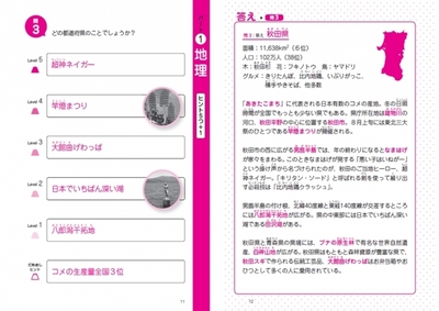 左・問題ページ、右・解答ページ。帯にあるしおりを切り取って、答えを隠しながら考えればさながらクイズ番組のように楽しく学べます。