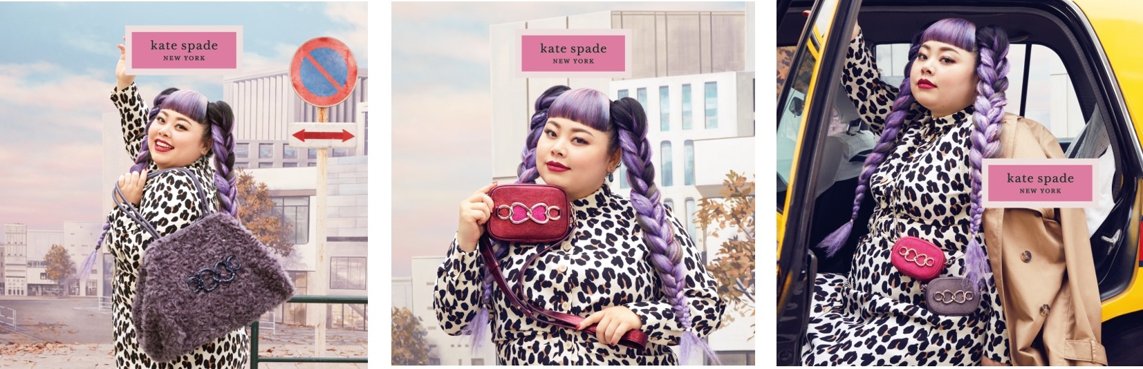 naomi watanabe x kate spade new york capsule collection: 左から:large tote in dark orchid ¥53,000 (H28 x W40 x D20cm), medium camera bag in deep umber ¥35,000 (H12 x W18 x D4cm), micro camera bag in pomegranate juice and dark orchid ¥15,000 (H8 x W11 x D4cm) *全て税抜き