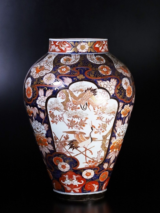 【古伊万里】「金襴手吉祥に双鶴文大壺」 径40.5cm 高58.5cm