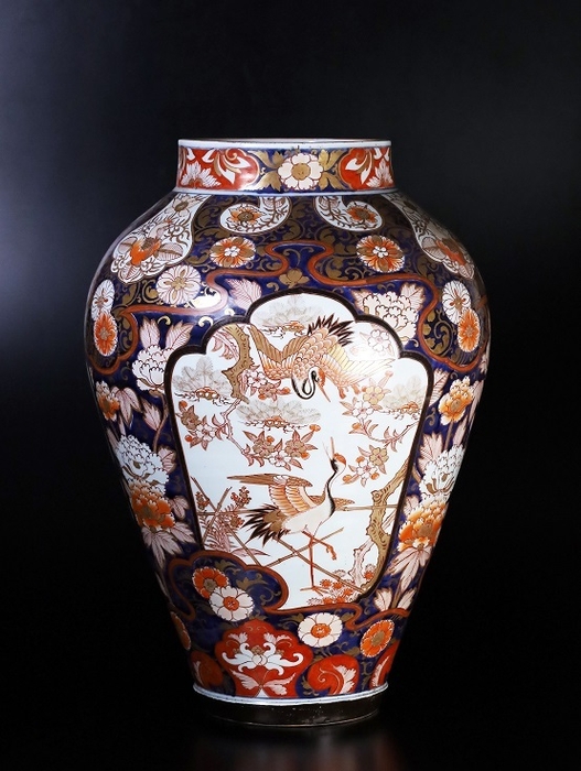 【古伊万里】「金襴手吉祥に双鶴文大壺」 径40.5cm 高58.5cm