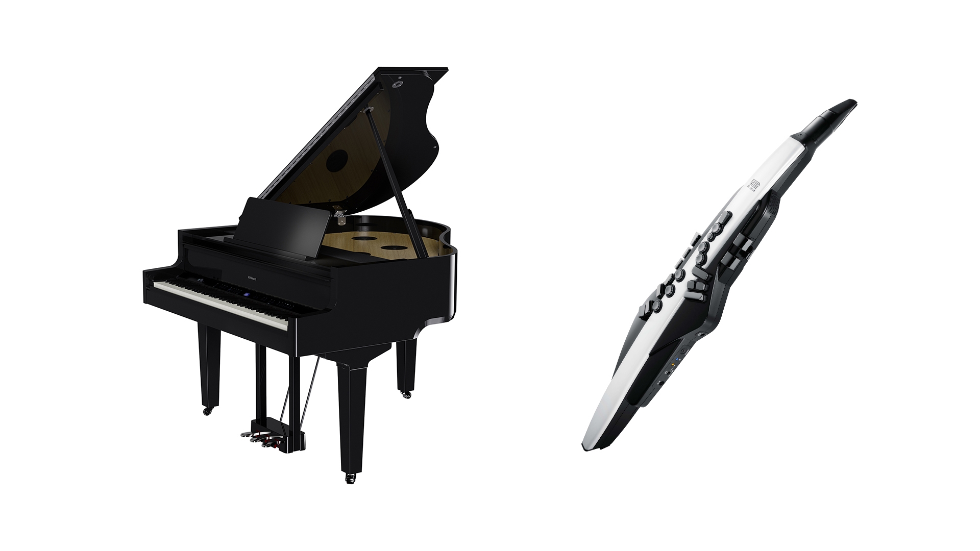 当日演奏する製品の一例 デジタル・グランドピアノ「GP-9」(左)、電子管楽器「エアロフォン AE-20」(右)