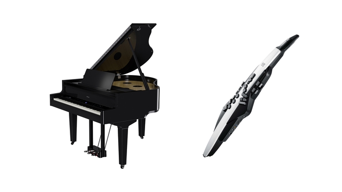 当日演奏する製品の一例 デジタル・グランドピアノ「GP-9」(左)、電子管楽器「エアロフォン AE-20」(右)