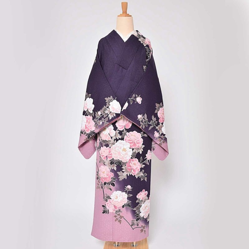 【中古品】訪問着 単品「紫にぼかし 牡丹づくし」袷 ポリエステル 3,300円→2,640円。売り切れ次第終了