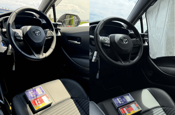 ハンドルや座席シートの高温化を防ぐ(温度に関連する赤外線量が2.8に抑えられ95.0%の赤外線カットと、95.5%の紫外線カットを計測)(1)