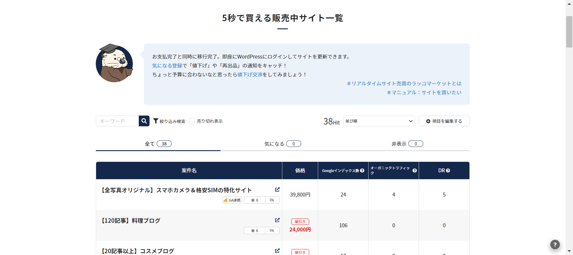 販売サイト一覧画面