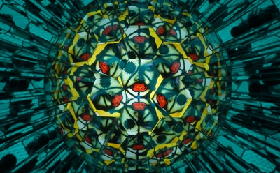 『見視診』はヘッドホンを着用して筐体内で万華鏡のように広がる映像を覗き込む体験型の作品となっている