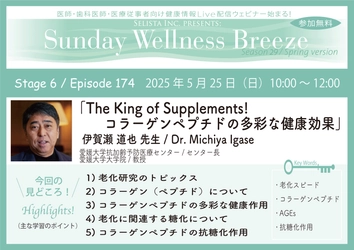 《医師・歯科医師・薬剤師向け》 無料オンラインセミナー5/25(日)朝10時開催　 『The King of Supplements!  コラーゲンペプチドの多彩な健康効果』 伊賀瀬 道也 先生(愛媛大学医学系研究科  抗加齢医学(新田ゼラチン)講座 / 教授)