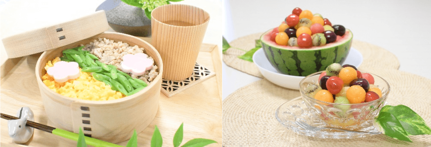 第1回料理「三色そぼろ弁当」(吉野杉のお弁当箱に入れて)(左)、第2回料理「フルーツパーティをしよう」(五感で楽しむ料理)(右)