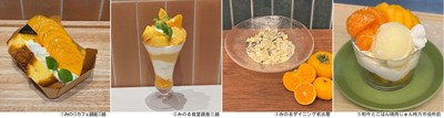 ①国産米粉のシフォンサンド～和歌山県産柿～ 単品 750円②和歌山県産柿とみかんのパフェ　 1,790円③和歌山県産 柿とみかんとよつ葉ヨーグルトのサラダ ※ビュッフェコーナーで提供④和歌山県産みかん＆柿パフェ 462円