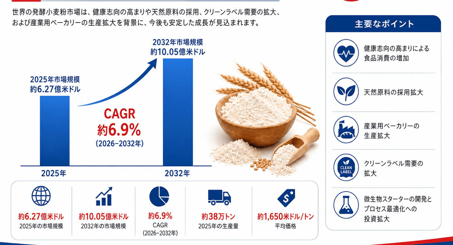 焼き菓子用発酵小麦粉世界市場の最新動向：2032年に2172百万米ドル規模へ到達見込み（2026年版）