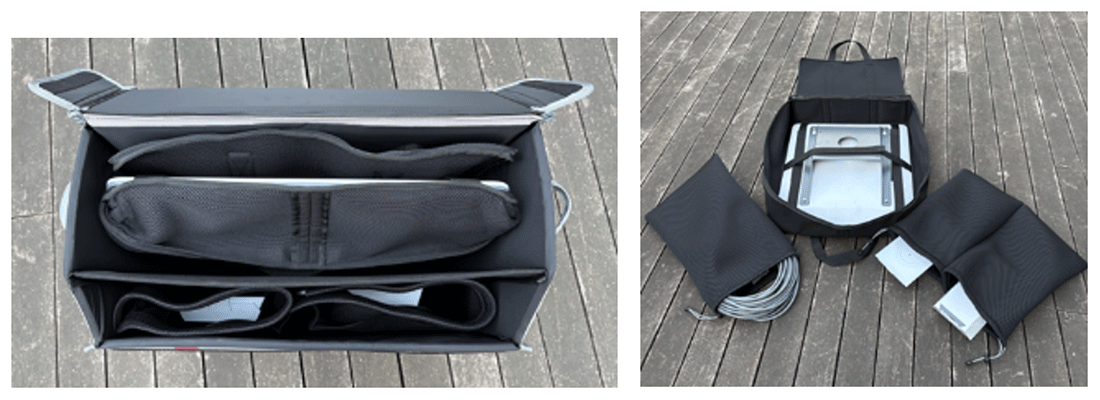 <クッション材を使用したリュックサックの内側生地と各パーツ内袋>