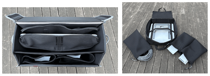 <クッション材を使用したリュックサックの内側生地と各パーツ内袋>