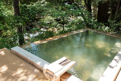渓流露天風呂「川の湯」は、自然林に囲まれた森の中の温泉