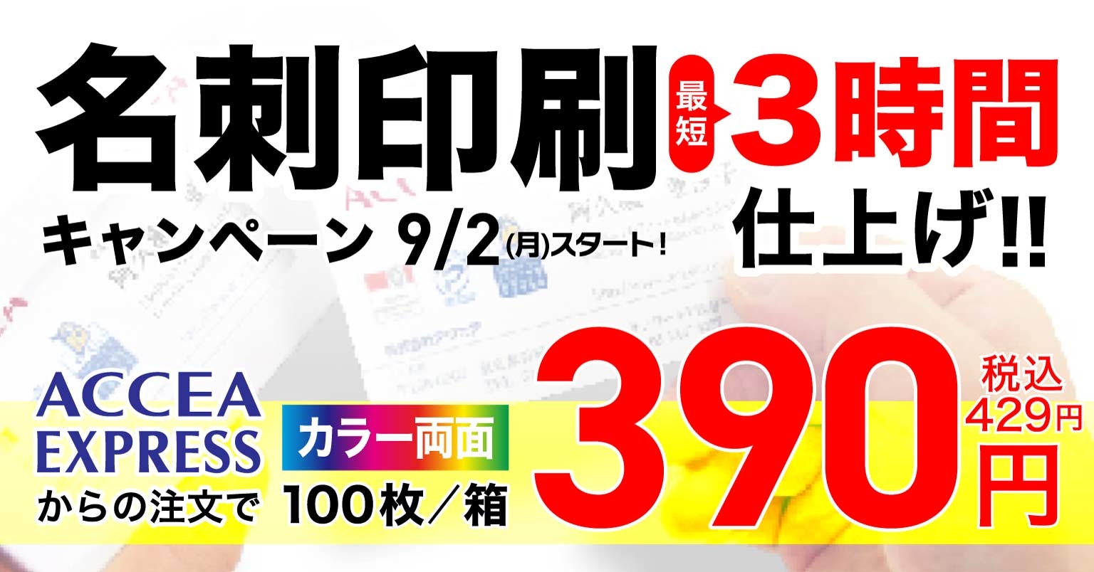 名刺印刷キャンペーン！カラー両面100枚/1箱 390円（税込み429円）の大特価