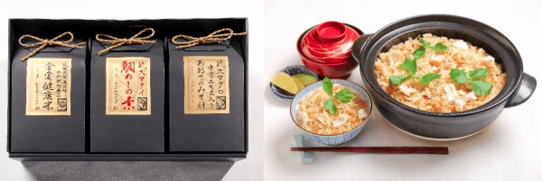 「近大は美味しい 近大の馳走詰合せ」パッケージ(左)、「近大は美味しい 近大の馳走詰合せ」調理例(右)