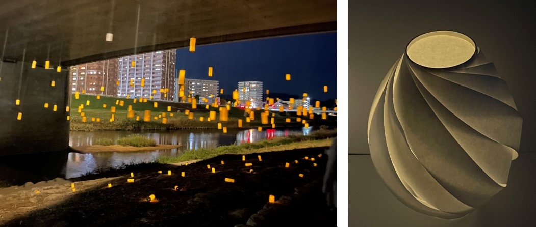 産業理工学部生が過去に制作した吊下灯篭(左)、本イベント用にデザインしたランタンの一例(右)