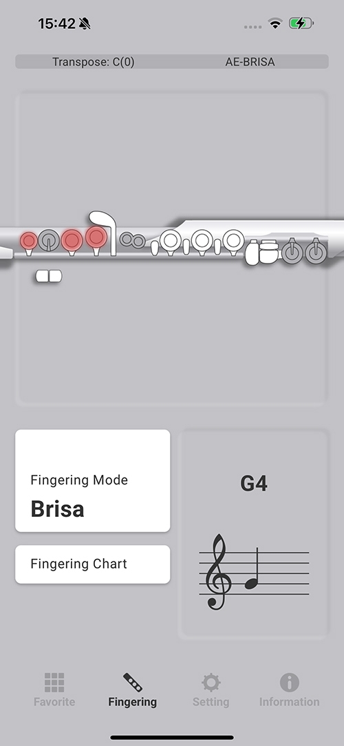 『Aerophone Brisa Plus』 運指表示の画面イメージ