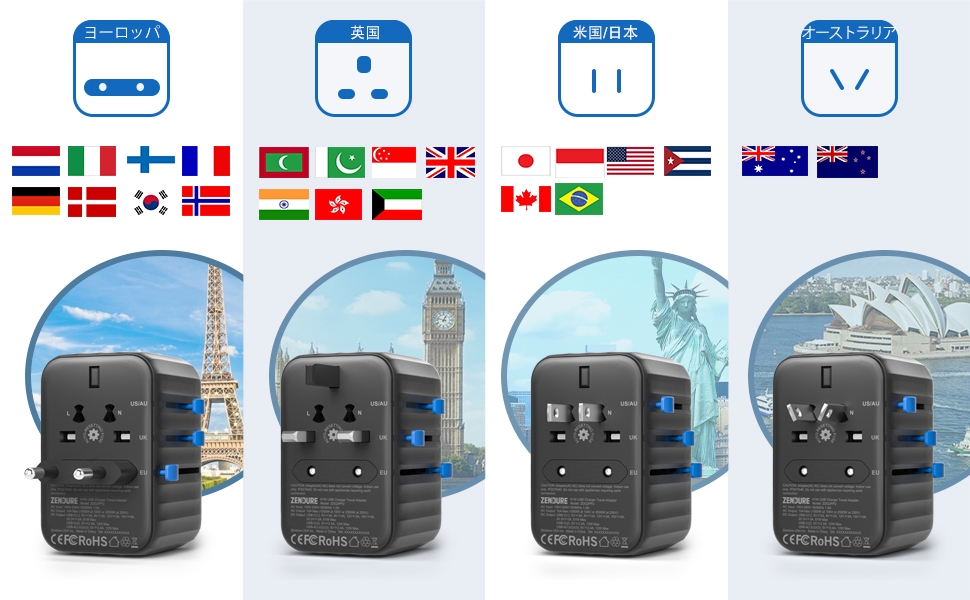 世界各国の電源プラグで利用可能