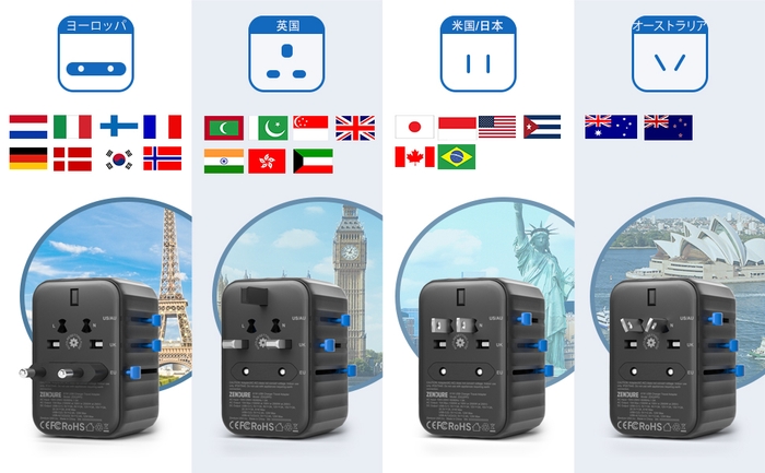 世界各国の電源プラグで利用可能