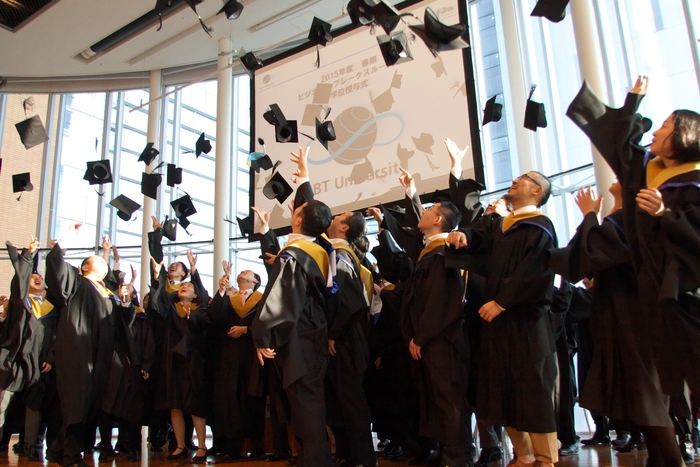 (修了式で帽子投げをするBBT大学大学院修了生たち 2015年撮影)
