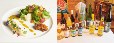 色鮮やかな鴨川産エディブルフラワーと旬野菜のサラダ/鴨川クラフトビール、地酒、自家製ジュースなどドリンクのラインナップも充実