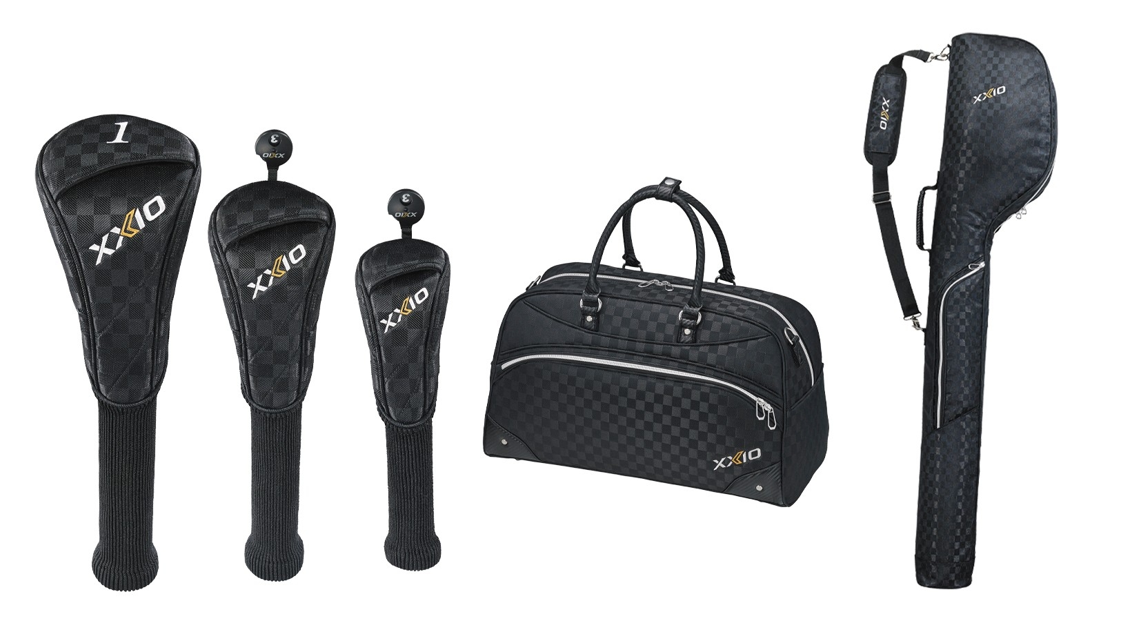写真左から、ヘッドカバー(GGE-X164D、F、H)、ボストンバッグ(GGB-X164)、クラブケース(GGB-X164)