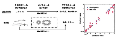 左:研究概要、右:分子シミュレーションの結果と機械学習による予測結果の比較