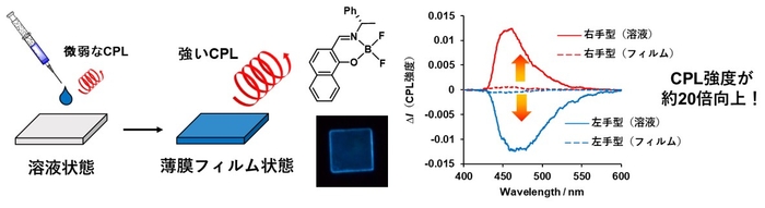 図2. 薄膜フィルム形成によるCPL増強の模式図。溶液状態と比較して薄膜フィルム状態では約20倍ものCPL強度の増幅が観測された。
