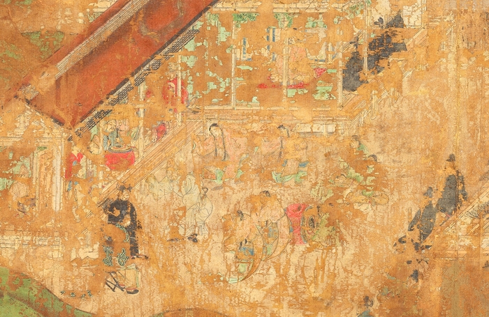 41歳、百済国の味摩之、伎楽を伝え、これを童子に習わせる(第5面)/国宝「聖徳太子絵伝」(部分)