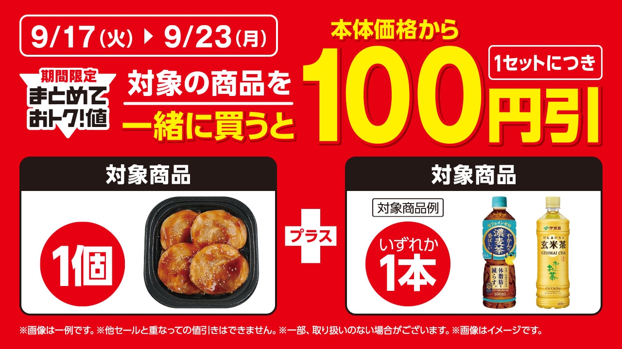 【期間限定でまとめておトク!値】対象の商品を一緒に買うと、1セットにつき本体価格から100円引販促物(画像はイメージです。)