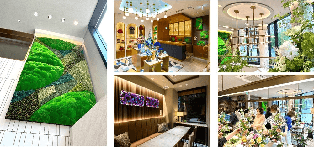 左:店内壁面の苔のプリザーブドフラワー 中上:ベル・フルール銀座本店 店内 中下:VIPルーム 左上下:ベル・フルール銀座校