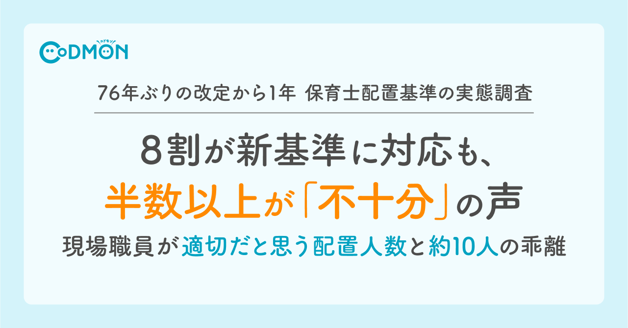 〈76年ぶりの改定から1年 保育士配置基準の実態調査〉 8割が新基準に対応も、半数以上が「不十分」の声 現場職員が適切だと思う配置人数と約10人の乖離 ~配置基準対応への課題は「人手不足」 非資格保有者の採用で賄う施設も~