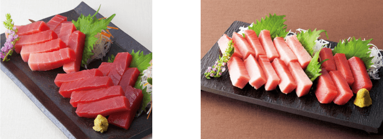 <黒門市場 新魚栄>近大マグロセット(左)、近大マグロセット(右)