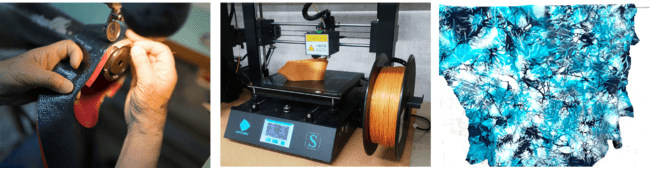 オーサーパンプスのアッパを縫製している所、靴型(木型)を3Dプリントしている様子、絞り染めをしたエゾシカ革