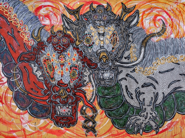 《白龍 赤龍》 2024年 アクリル、キャンヴァス 個人蔵