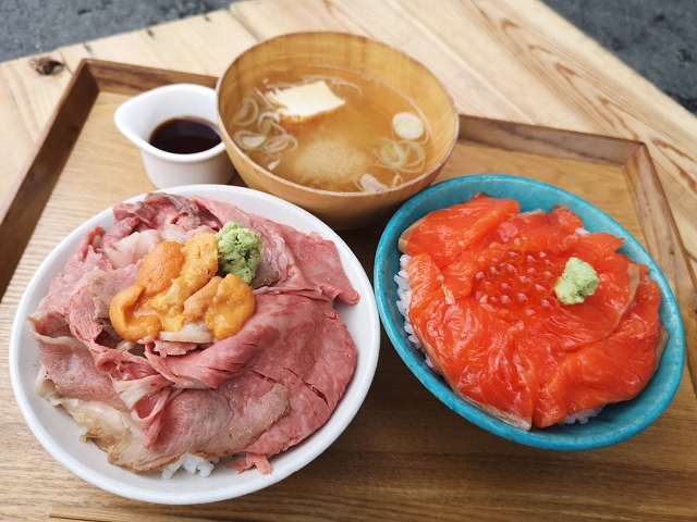 はこね金太郎ライン開通記念特別メニュー 相州牛ウニとろ牛めしと金太郎マスといくらミニ丼セット