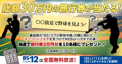 ＜総額30万円の旅行券が当たる＞ 番組表からキーワードを見つけて豪華賞品をゲットしよう！ ～BS12プロ野球中継プレゼントキャンペーン～