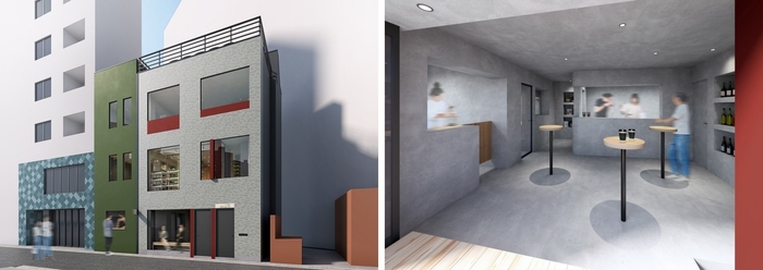 「東京tebiki隣」外観(左)と、1F「Share Kitchen」