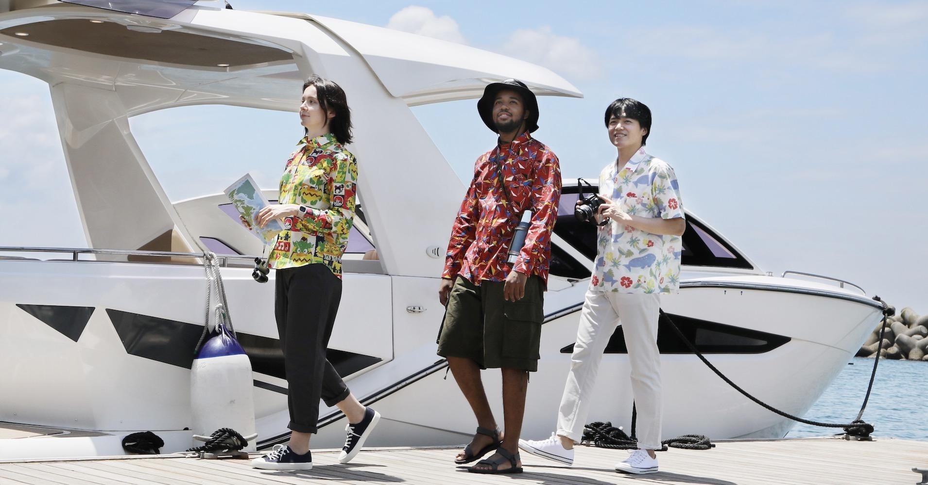 着用写真: 左よりルンパッパ柄・シザリガー柄・ホエルオー柄