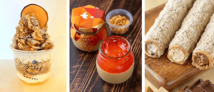 左から)砂パフェリンゴキャラメル/アップルパイプリン/スティックタルトりんごキャラメル