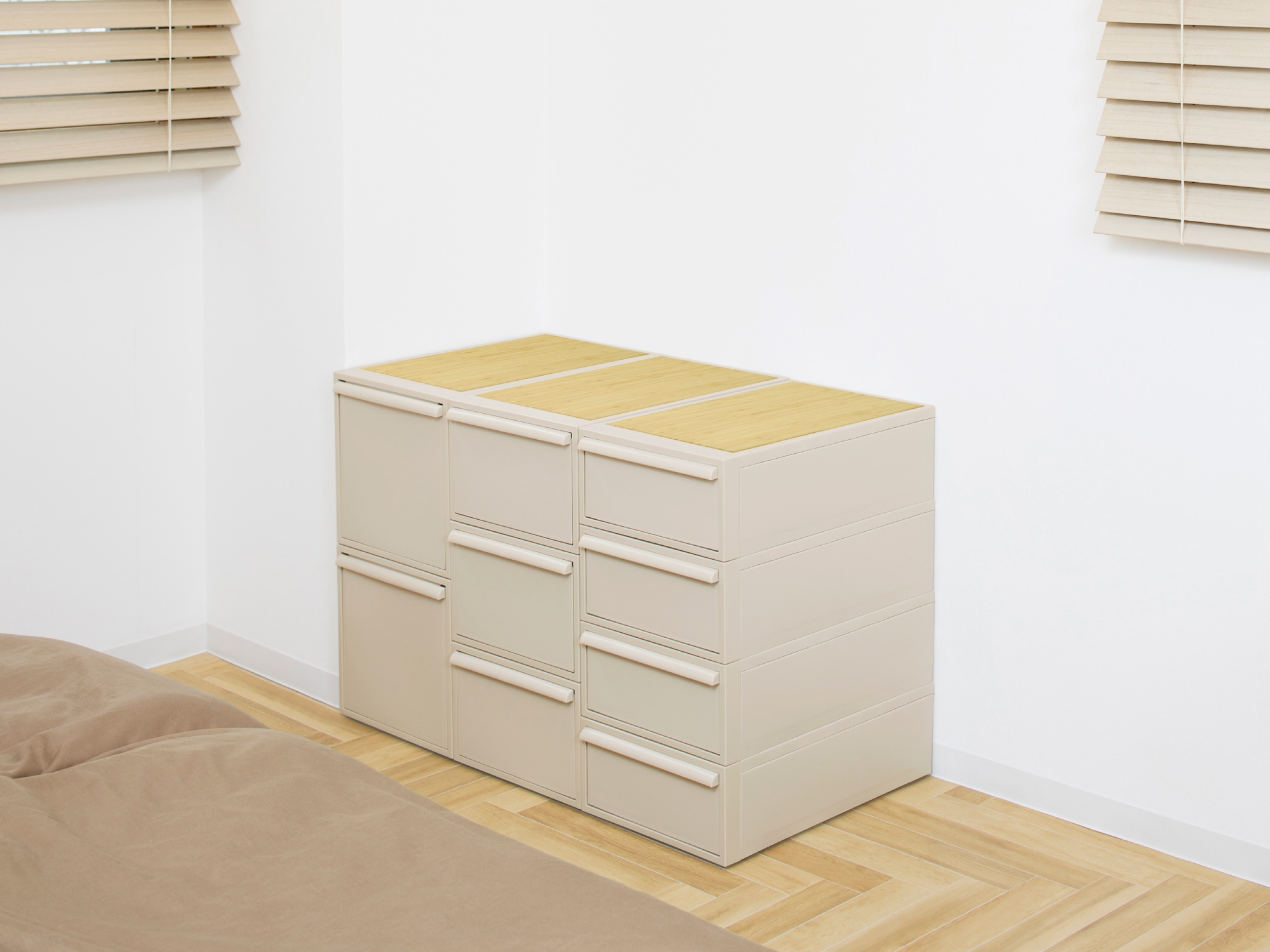 ベージュ×竹製天板