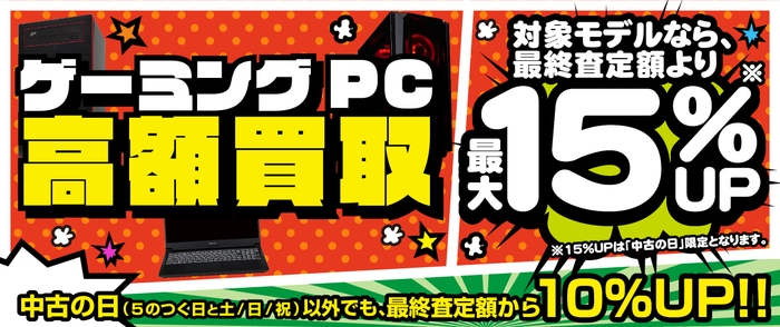 「ゲーミングPC 高額買取キャンペーン」 ゲーミング PC が最終査定金額より 最大15% 増額! 「中古の日」開催日以外でも10%増額!