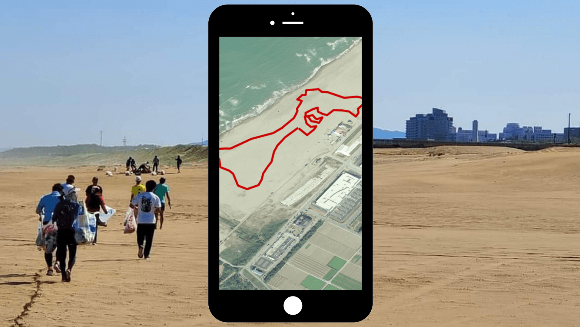 内灘海岸で描く石川県のGPSアート:国土地理院撮影の空中写真(2007年撮影)