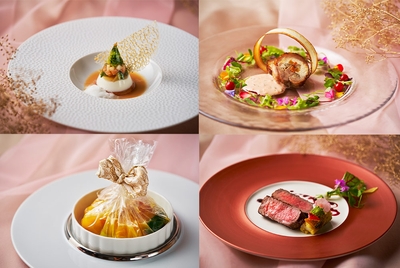 左上：オマール海老とカリフラワーのショーフロワ　右上：ホロホロ鶏と洋風きんぴらのバロティーヌ　左下：金目鯛と石窯焼き鮑のカルタファタ包み　右下：国産牛サーロインの炭火焼