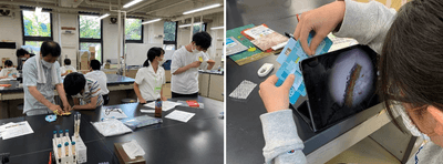 昨年の同イベントの様子（左）、手作り顕微鏡（右）