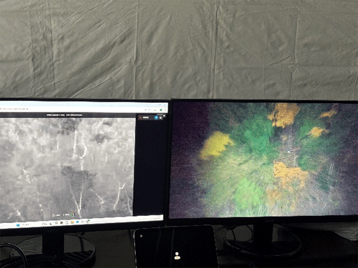 <リアルタイムに伝送されている映像>(左:サーマルカメラ、右:可視光カメラ)