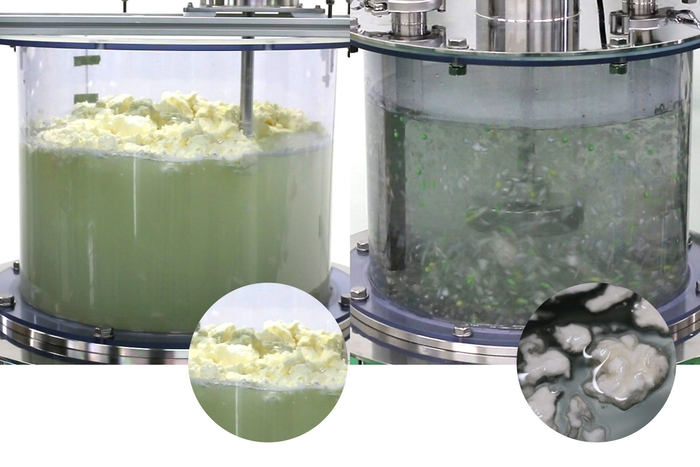 ←液面に浮く粉 →粉の外側がゲル化しダマになる粉